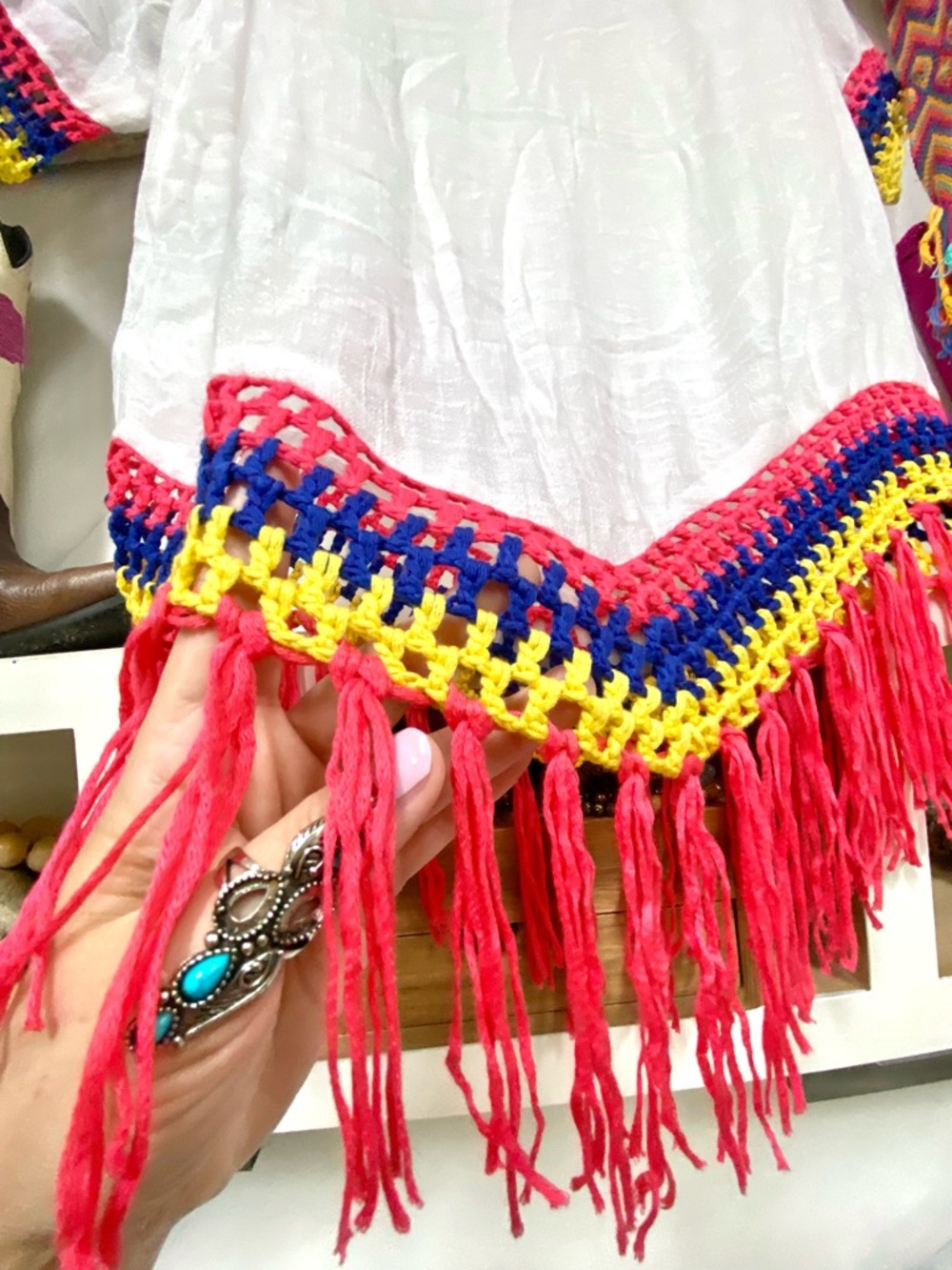 Granny fringe crochet boho tunic dress cover up w hippy Gypsy beach vibe - Picture 7 of 13
